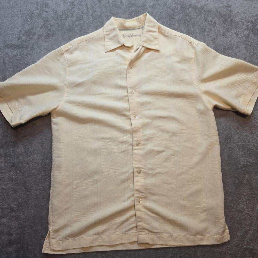 Caribbean Button Up Shirt Mens M Beige Palm Tree Jacquard Short Sleeve Tropical